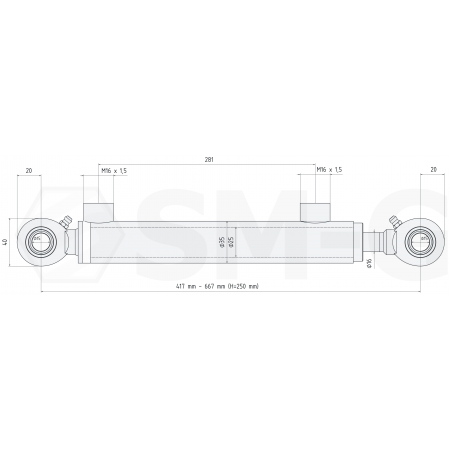 POLSKI CIENKI SIŁOWNIK HYDRAULICZNY 25x16 SKOK 250 L= 417 mm SKRAW-MET